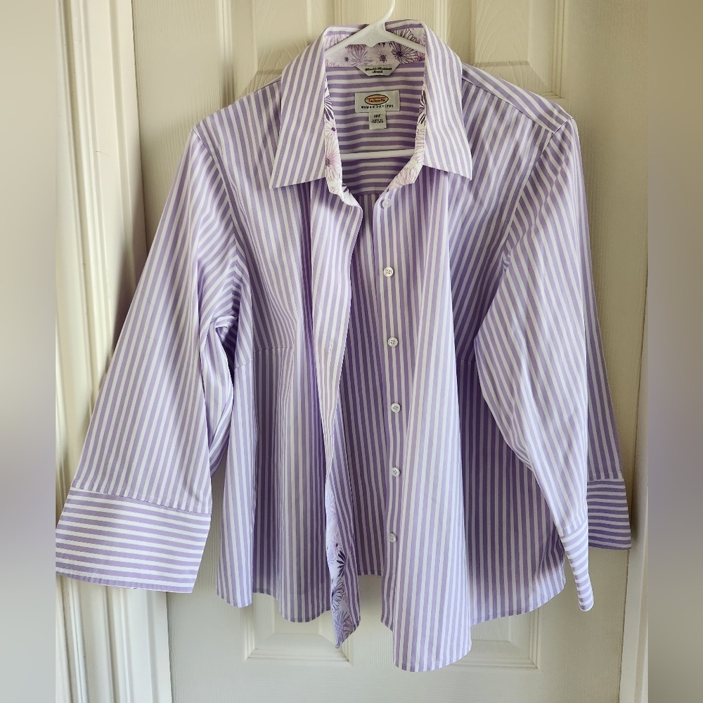 TALBOTS Womens Shirt Size 18W Petite Purple Stripe‎ Wrinkle Resistant Button up